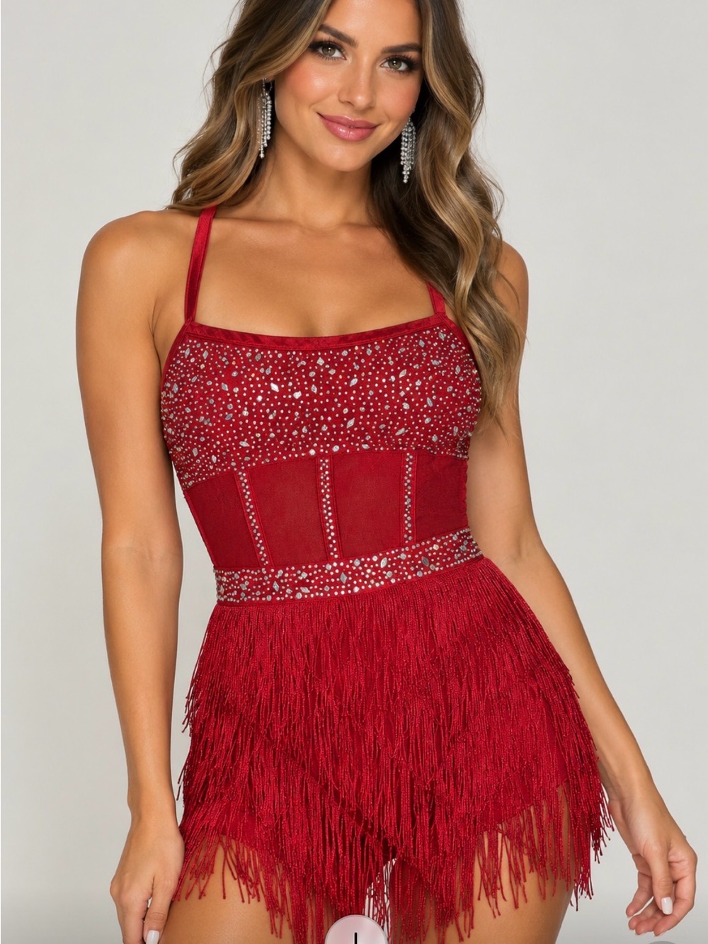 Red Crystal-Embellished Fringe Mini Dress